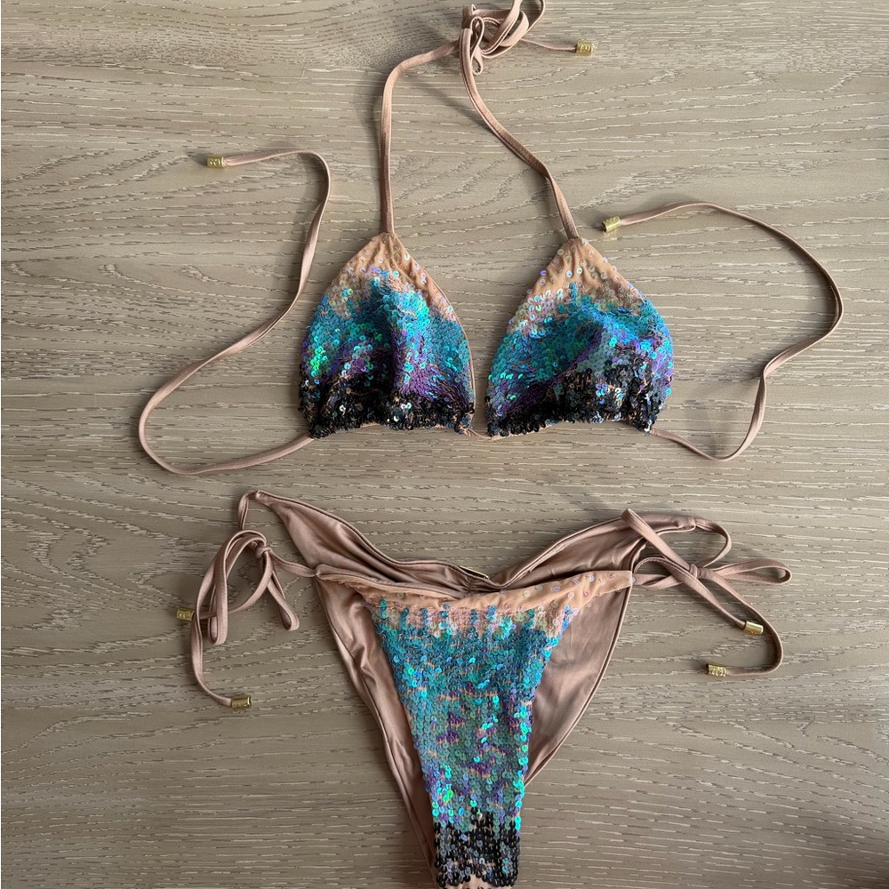 Beach Bunny Nude Bikini with Iridescent Blue-Green Sequins